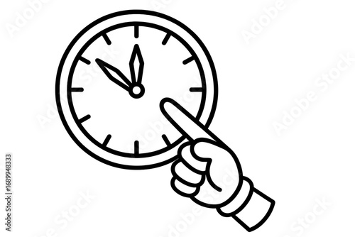 Hand Pointing at Clock Outline Vector Illustration for Graphic Design, App UI, Advertisement, Cards, Time Management Concept, Cartoon Style Transparent Background