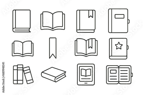 Book thin line icon set. Read learning and education concept. Open and closed books, library, literature, study symbol. E-book reader, notebook, diary, textbook vector pictogram.