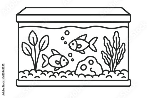 Aquarium line icon. Simple fish tank vector illustration. Outline doodle of fish in water with plants, bubbles, and rock. Pet shop symbol. Aquatic life graphic concept.