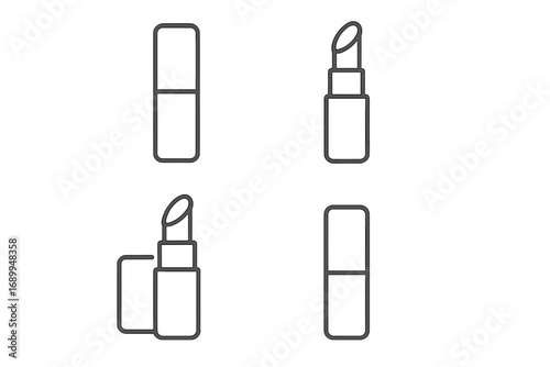 Lipstick icon set. Minimalistic outline cosmetic symbols for makeup and beauty concepts. Vector line art illustration of open and closed lipstick tubes for web and graphic design.