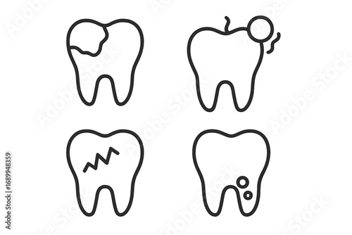 Tooth problems icon set. Dental disease, caries, decay, cavity, cracked tooth, toothache. Dentistry, stomatology concept. Oral hygiene and health care. Vector line illustration.