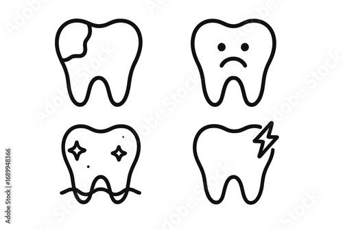 Tooth icon set for dental problems. Vector outline of toothache, decay, caries, cavity, pain. Sensitive tooth with lightning, sad face icon, and healthy clean shiny tooth.