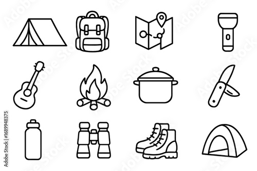 Camping adventure line icon set. Hiking gear and outdoor travel equipment symbols. Vector graphic collection for trekking, tourism. Includes tent, backpack, campfire, map.