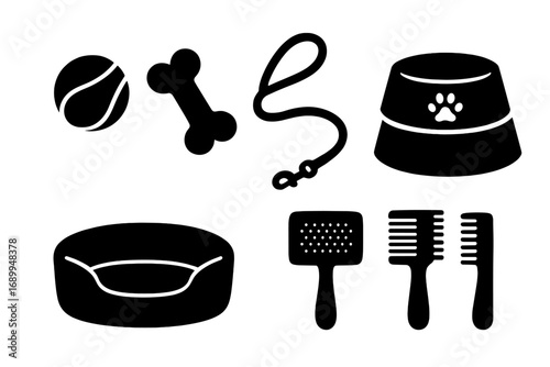 Pet care icon set. Dog accessories silhouette. Vector collection of pet shop elements: leash, bowl, bed, brush, comb, bone, ball. Animal care grooming and feeding supplies.