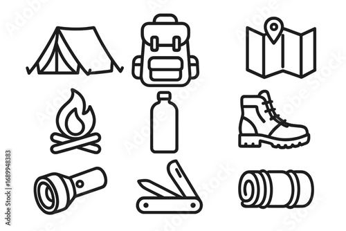 Camping equipment line icon set. Outdoor adventure and hiking gear symbols. Vector illustration with tent, backpack, map, campfire, boot, flashlight, and sleeping bag.