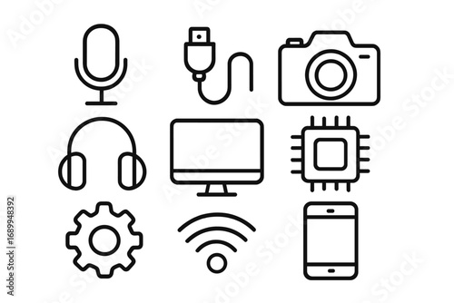 Technology outline icon set. Editable stroke vector illustration. Digital media, electronics, communication concept. Gadgets for web and mobile: phone, computer, camera, wifi.