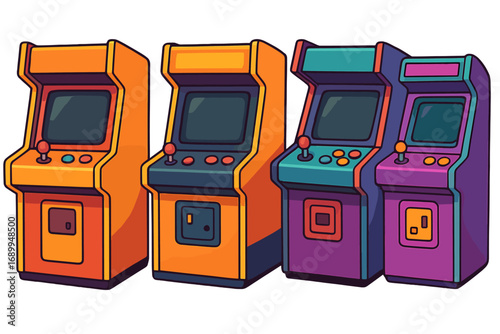Collection of colorful vintage arcade game machines. Retro gaming concept. Vector cartoon of classic 80s video game cabinets with joysticks. Old school fun entertainment.