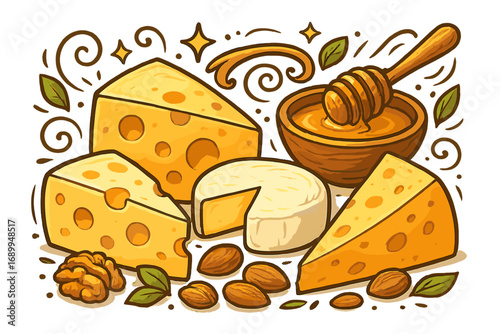 Cheese assortment with honey and nuts vector cartoon illustration. Gourmet food platter with swiss, brie, almonds, and walnuts. Delicious dairy appetizer or snack concept.