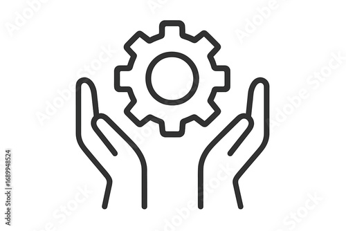 Hands holding gear line icon. Concept for technical support, maintenance, settings and service. Cogwheel in hand symbol for management, development, solution and progress.