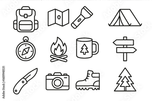 Camping and hiking outline icon set. Outdoor adventure, travel, and survival gear. Vector linear symbols collection. Includes backpack, map, tent, compass, campfire, boot.