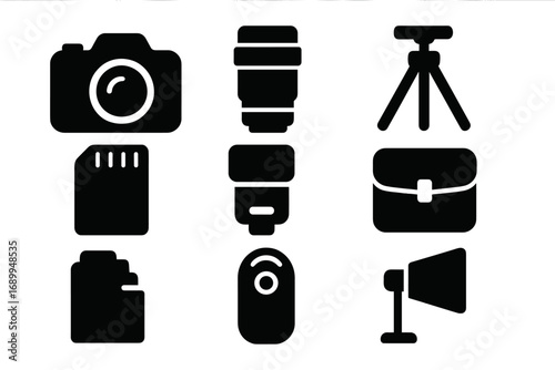 Photography equipment icon set. Camera, lens, tripod, flash, memory card, remote, bag, light. Photographer gear collection in a bold silhouette glyph style. Vector symbols.