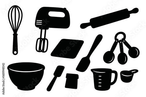 Baking tools silhouette icon set. Vector collection of essential kitchen utensils for cooking and pastry. Whisk, mixer, rolling pin, bowl, spatula, measuring cups and spoons.