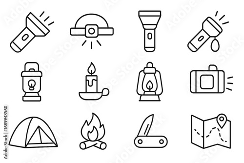 Outdoor adventure linear icons pack. Camping, hiking, and survival gear pictograms. Includes flashlight, headlamp, tent, campfire, pocket knife, map, and lantern symbols.