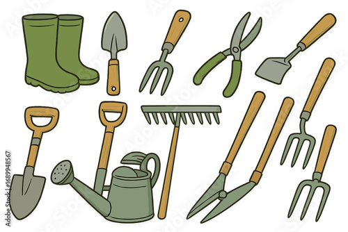 Gardening tools vector set. Cartoon collection of garden equipment for farming and agriculture. Shovel, rake, fork, trowel, boots, and watering can for spring planting.