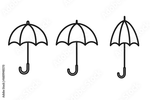 Umbrella line icon set. Simple parasol outline symbol collection. Minimalist bumbershoot vector graphic for weather, rain, protection, safety, and insurance concepts.