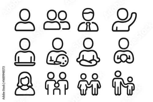 User-Related Outline Icon Set Including Staff, People, Work, Hobbies, Family and Lifestyle Symbols for Graphic Design, Web, Cards, Books, Articles, and Digital Projects Vector Cartoon Style