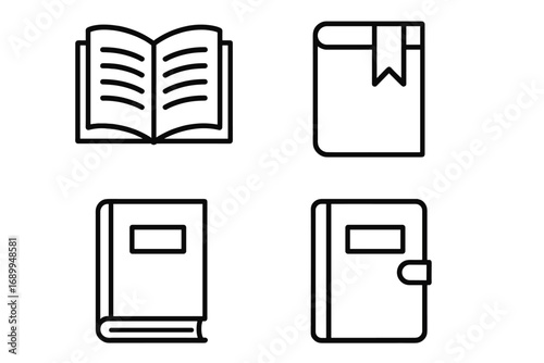 Book and diary line icon set. Vector outline symbols for reading, education, or study. Includes open book, bookmark, and notebook icons for web, apps, and graphic design.