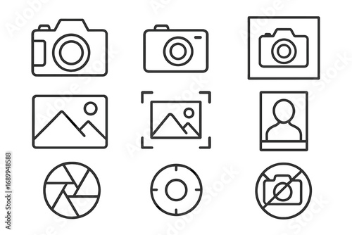 Photo camera and image line icon collection. Vector symbols of photography for app and web design. Set includes picture, gallery, portrait, landscape, aperture, shutter, focus.