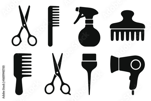 Hairdressing tools icon set. Professional hairstylist equipment. Black silhouettes for barbershop and beauty salon design. Vector graphic collection with scissors, comb, and hairdryer.