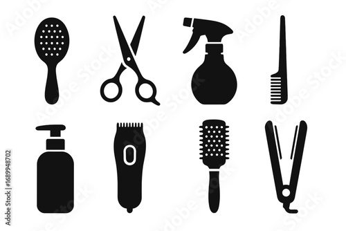 Hairdressing tools icon set. Black silhouettes for barber shop and beauty salon design. Vector graphic elements collection with scissors, comb, brush, clipper and straightener.