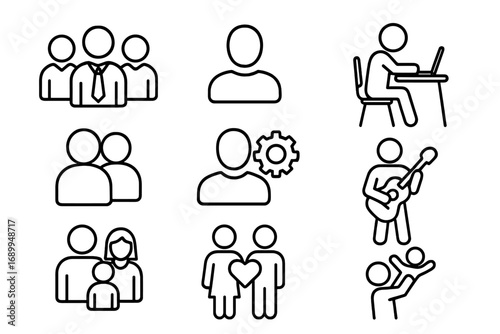 User Related Simple Icon Set Including Staff, People, Work, Hobbies, Family, and Social Life Icons for Graphic Design, Websites, Cards, Books, Articles, and Vector Illustrations