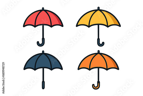 Vector set of various umbrella and parasol icons. Simple outline cartoon illustrations for weather forecast, rain protection, and beach sunshade concepts. Editable stroke for graphic design.