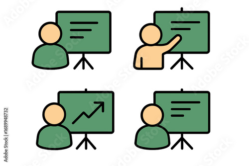 Business presentation icon set. Person with flip chart. Speaker at conference. Training, seminar, webinar concept. Financial report, data analysis, and growth chart vector.