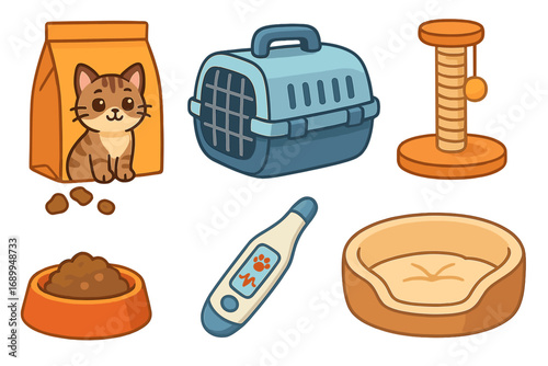 Cartoon cat care collection. Vector illustration set of pet essentials including food, travel carrier, scratching post, pet bed, food bowl, and thermometer for health monitoring.