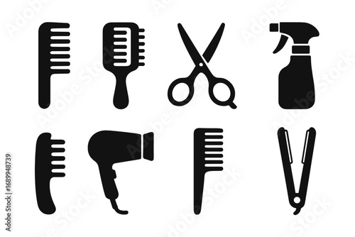 Hairdressing tools icon set. Barber and beauty salon equipment silhouettes. Vector collection of comb, scissors, hairdryer, spray, brush, and straightener for hair care.