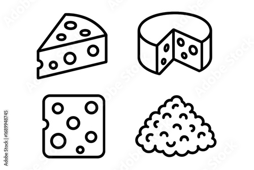 Cheese icon set. Dairy food icons outline collection. Vector cartoon illustration for culinary design, menu, web. Swiss cheese, Emmental, cottage cheese, feta symbol.