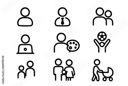User-related simple symbol set with staff, people, work, hobbies, and family icons for graphic design, websites, cards, books, articles, and social media projects, vector cartoon style