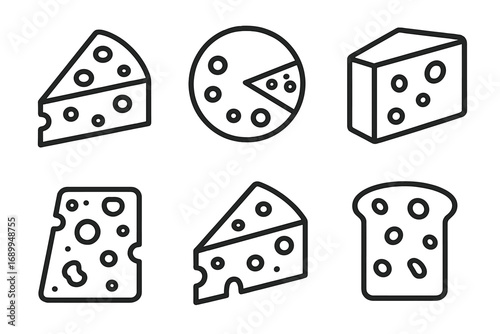 Cheese icon set. Dairy food icons outline collection for culinary designs. Vector cartoon illustration. Various cheese types like wedge, wheel, block and slice of swiss cheese.