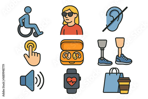 Accessibility and disability icon set. Vector collection with wheelchair, hearing aid, prosthetic leg, blind person. Modern lifestyle, health tech, and inclusion concepts.