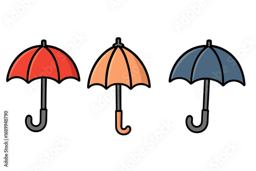 Umbrella vector icon set. Cartoon parasol collection. Weather, rain, and sun protection concept. Autumn accessory symbol. Editable stroke graphic illustration for web design, app.