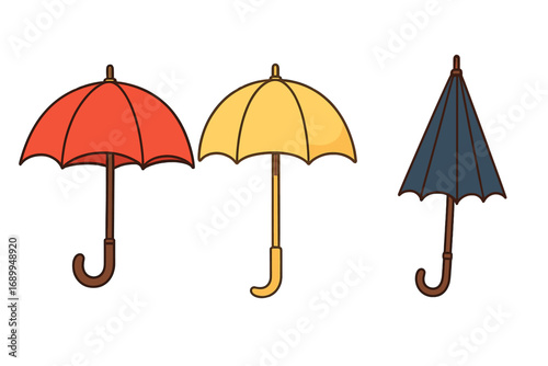 Set of colorful umbrellas vector illustration. Open red and yellow parasols and a closed blue bumbershoot. Cartoon graphic icon for rain or sun protection weather concept.