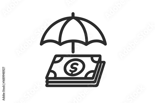 Money protection concept with umbrella over cash stack. Financial security, insurance metaphor. Secure investment, savings, wealth. Finance safety and risk management icon.