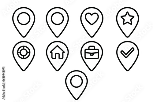 Map pin line icon set. Location marker, navigation pointer, and destination symbol collection. Vector outline icons for web, app, and GPS interface design. Home, work, favorite.