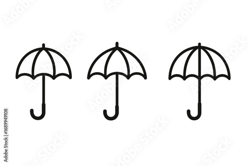 Umbrella line icon set. Parasol simple outline symbol. Weather forecast sign for rain protection. Bumbershoot graphic element collection for web and apps. Isolated vector logo.