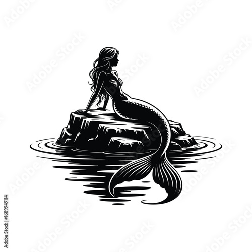 Enchanting Silhouette Illustration of a Mermaid Sitting on a Rock in Water Art