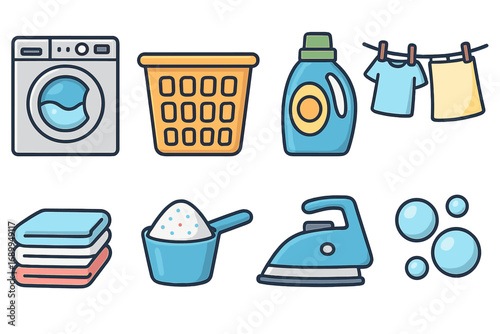 Laundry icon set. Washing machine, basket, detergent, iron, clothesline. Household chores and cleaning elements. Vector cartoon collection for housework and hygiene concept.