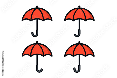 Umbrella icon set. Red parasol vector collection. Simple flat cartoon graphic. Symbol for rain, weather, forecast, protection, autumn. Isolated design element for web, app, print.
