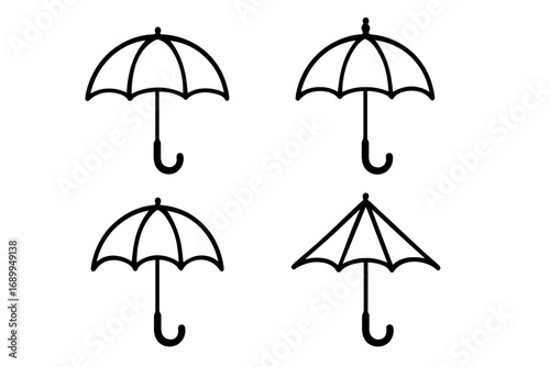 Umbrella icon set. Simple linear parasol sign collection. Bumbershoot symbol for web, card, book. Weather protection concept. Rain, sun, safety vector cartoon illustration.