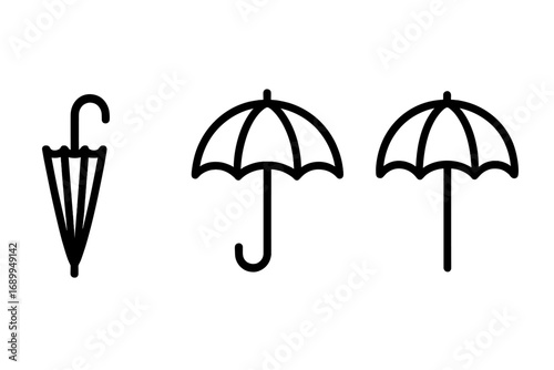 Umbrella icon set. Simple black and white line art pictogram collection. Open and closed parasol symbol. Vector illustration for weather, rain, and protection concepts.