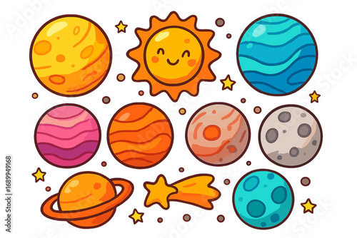 Cute cartoon planets and sun. Solar system celestial bodies set for kids. Space, galaxy, and astrology icons. Playful vector illustration collection isolated on white background.