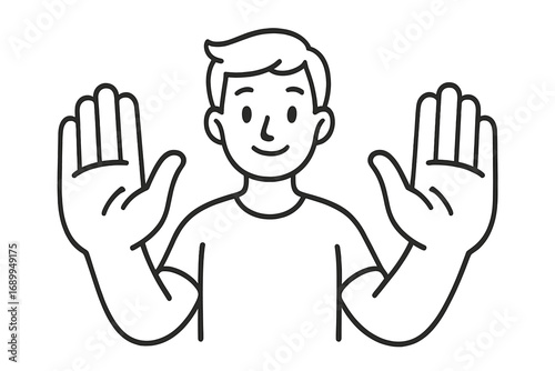 Man with open hands gesture. User showing stop, welcome, or number ten. Personal security, care, or user icon concept. Simple outline vector character for web and apps.