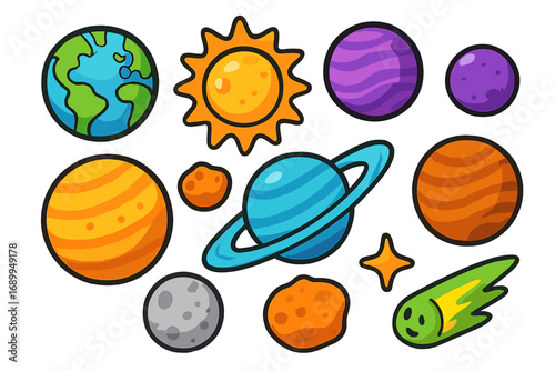 Cute cartoon solar system planets collection. Vector set of space elements: sun, earth, moon, saturn, comet, asteroid. Galaxy astronomy objects for kids. Flat design icons.