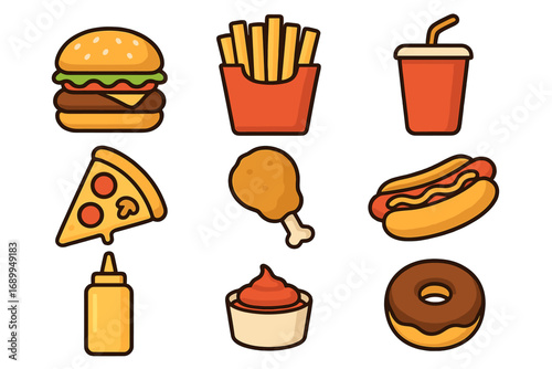 Fast food icons set. Vector cartoon collection of junk food symbols. Burger, pizza, fries, hot dog, drink, chicken leg & donut. Simple flat design graphic elements for a menu.