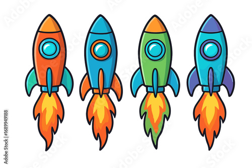 Vector set of colorful cartoon rockets launching. Spaceship, shuttle icon collection. Concept for startup, business launch, speed, technology, exploration, future, mission.