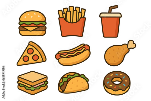Fast food icon set vector collection. Simple outline cartoon illustration. Burger, pizza, fries, hot dog, taco, donut, chicken, sandwich for restaurant menu or delivery app.