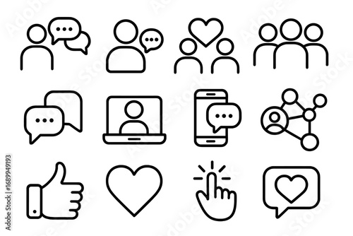 Social media line icon set. Digital communication, online community, user engagement. Network, chat, like, share, follow, comment. Vector icons for app, web, and marketing.
